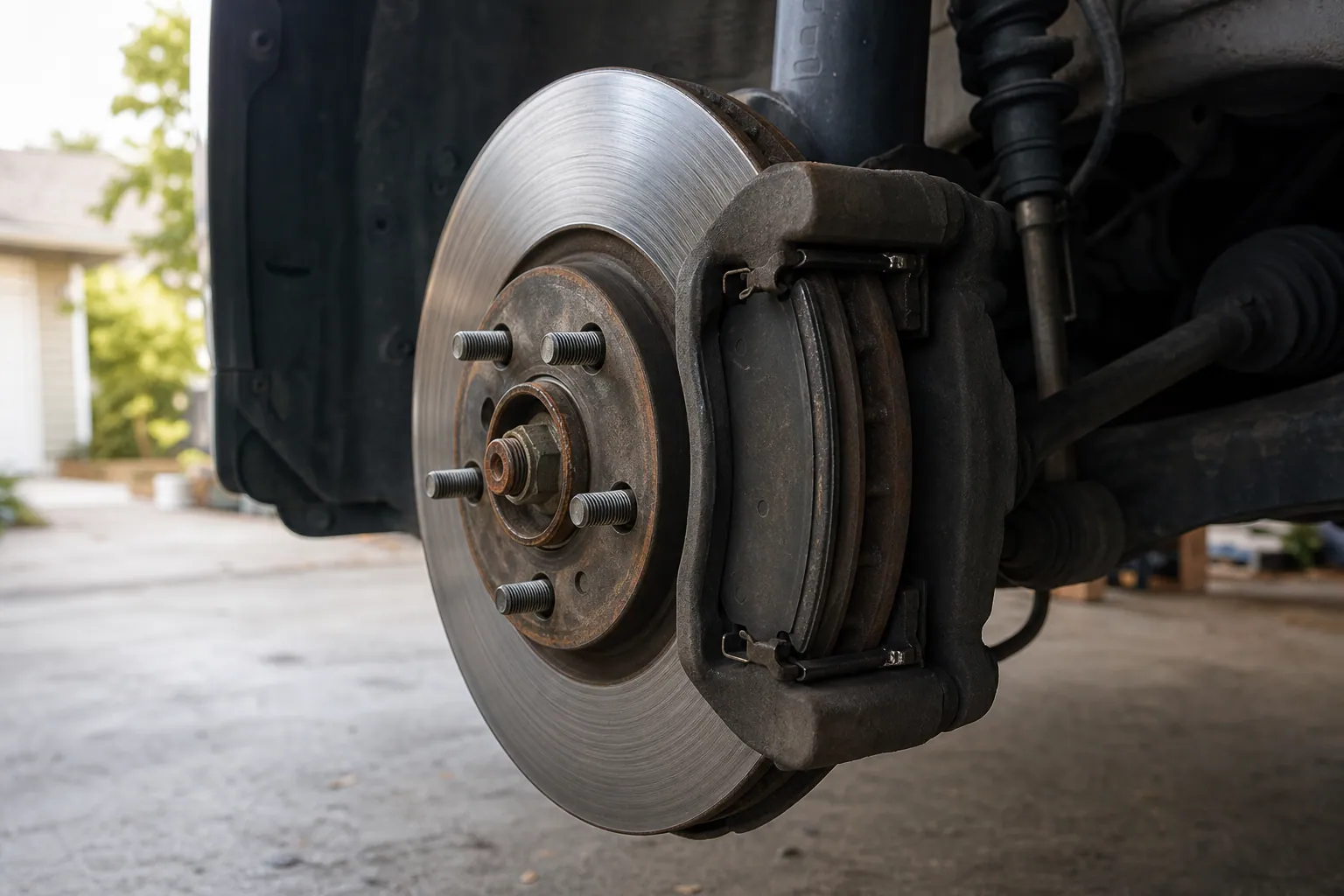 Close-up of a worn brake rotor and pads showing hidden brake wear